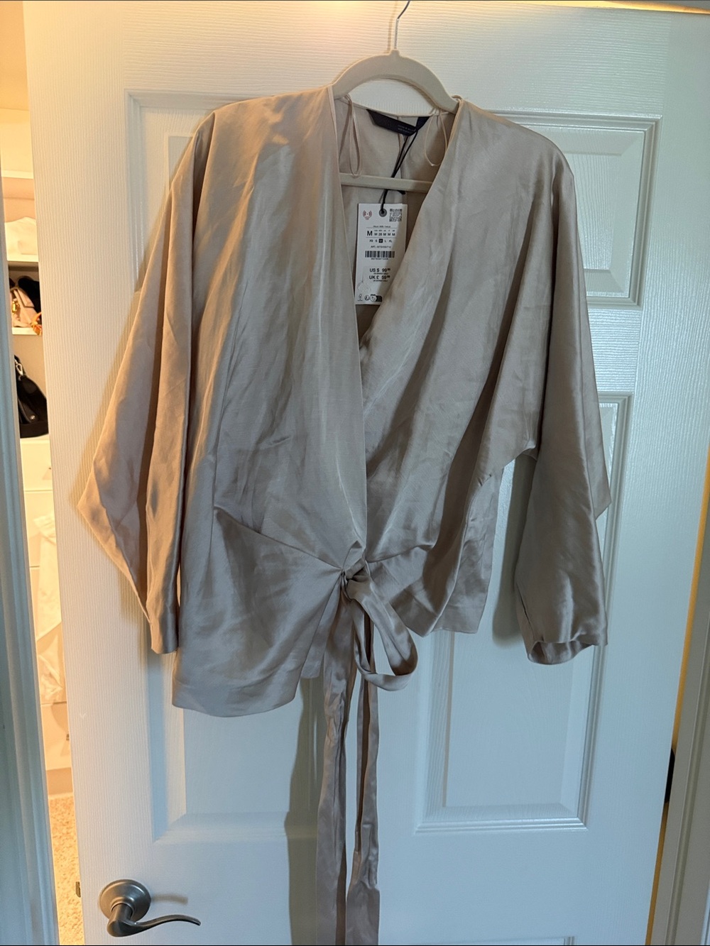 Zara Silky Taupe Wrap Top with Tie Front kimono style